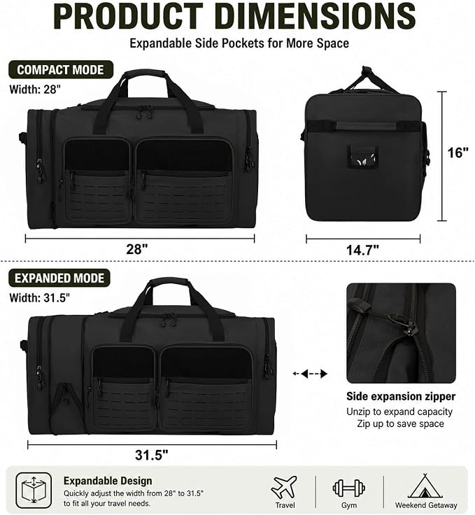 Extra Large Duffle Bag for Travel,130L Tactical Travel Duffle Bag with Shoe Compartment, Waterproof Weekender Overnight Bag - Image 6