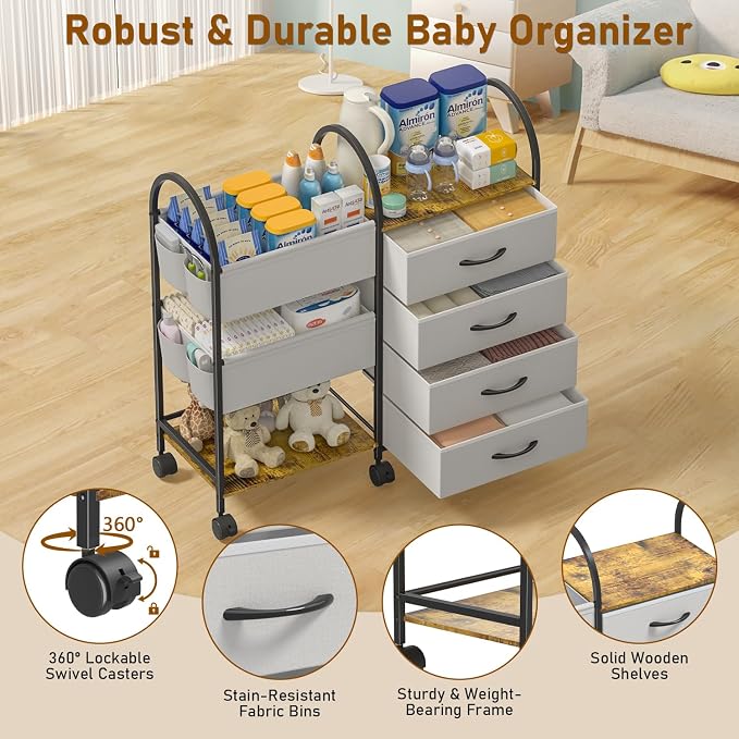Baby Diaper Caddy Organizer Cart with Wheels, 4-Tier Rolling Diaper Cart with Dividers and Drawers, Multi-Layer Nursery Storage for Diapers & Baby Essentials - Image 5