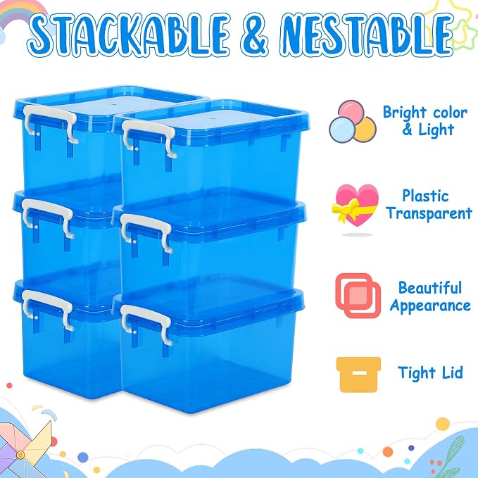 6 Pack 4 Quart Colorful Plastic Storage Bins with Lids Stackable Storage Bins with Latching Lids Handle Clear Colored Storage Organizer Bins for Home Office Pantry Containers(Blue) - Image 3
