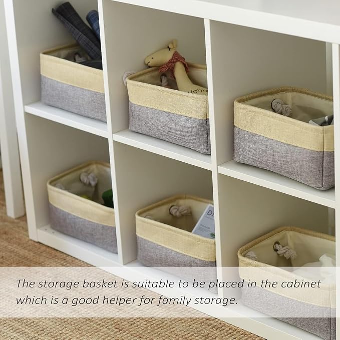 TcaFmac Organization and Storage Bins for Shelves - Small 6 Pack 12x8x5.2 inch Collapsible Storage Basket for Organizing, Fabric Storage Cubes for Gifts Empty for Toy Books (Gold & Grey) - Image 2