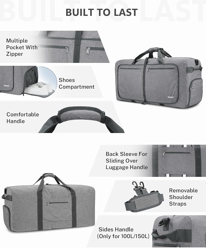 Gonex 100L Foldable Travel Duffle Bag with Shoe Compartment, Lightweight | 210D Nylon, Water-Repellent, Folds Compact, Multiple Pockets, Luggage Sleeve,Family Travel & Camping, Light Grey - Image 5