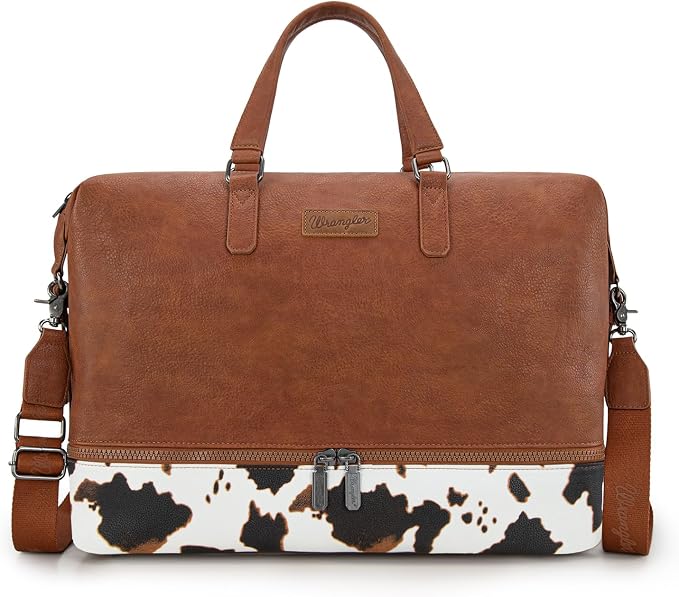 Wrangler Travel Duffel Bag Carry On Overnight Bag with Shoe Compartment Cow Print Weekender Bag for Women WG253-5110COW-BR by THEOFFICIALMONTANAWEST