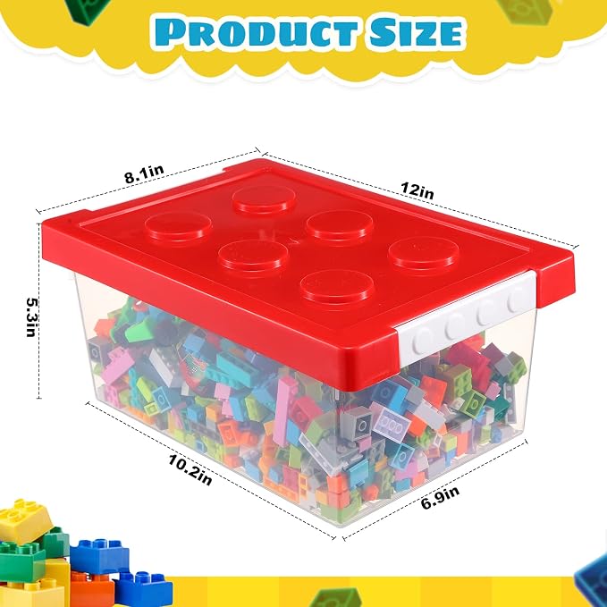 4 Pack Toy Storage Containers with Lids Brick Shaped Kids Toy Organizer Box Plastic Clear Stackable Bin Chest for Building Block Dolls(Small,Red, Yellow, Blue, Green) - Image 2