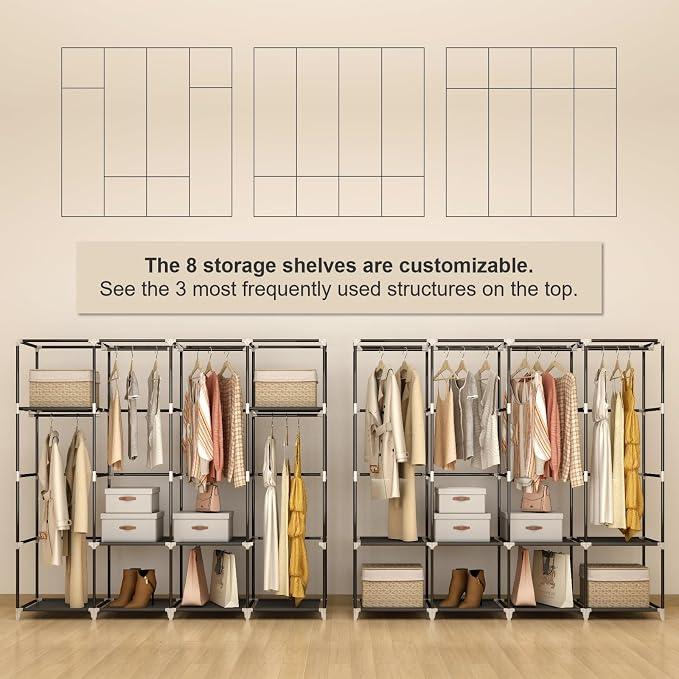 67" Portable Wardrobe Closet for Hanging Clothes, 8 Shelves 4 Rods & Cover | Non-woven Fabric Cover, 4 Clothes Hanging Rods, 8 Storage Shelves, Grey - Image 6