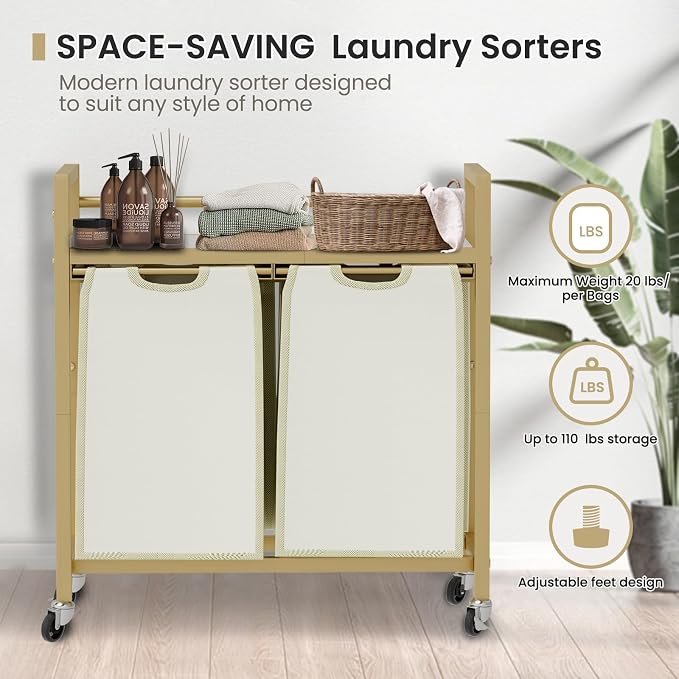 SwaaVee Laundry Sorter, Laundry Hamper with Wooden Top Shelf, 2×14.5Gal(110L), Metal Frame laundry basket with wheels, Pull out and Removable Laundry Bags, 2 Bags-Golden - Image 6
