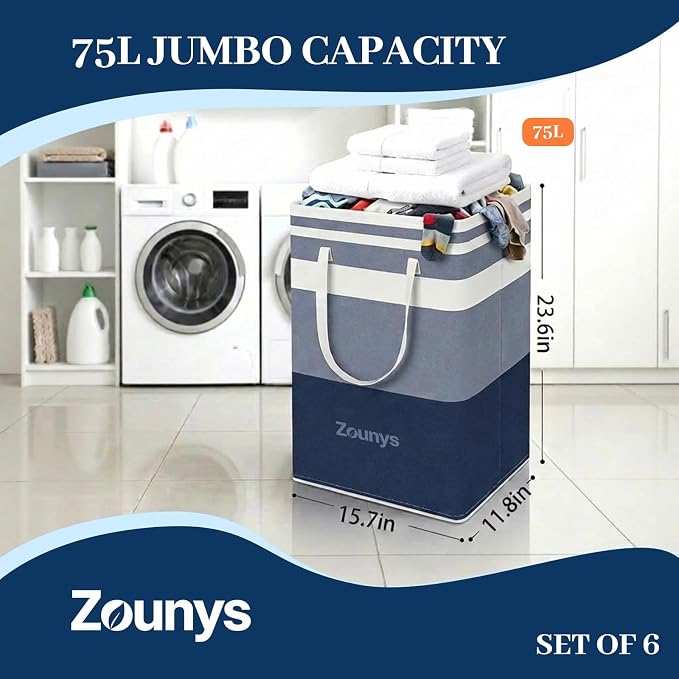 6 Pack Large Laundry Hamper Collapsible Clothes Basket Storage Bin, Waterproof Fabric Long Handles Tall Laundry Basket, Suitable for Laundry, Bedroom, Bathroom (Blue,75L×6) - Image 2