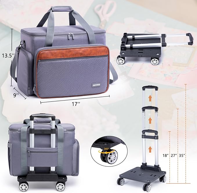 AMOIGEE Rolling Craft Bag with Wheels, 360° Swivel Rolling Scrapbook Organizer for Cricut, Paper Crafts, Classroom Supplies, Large Teacher Tote with Detachable Trolley for Men, Women - Image 2