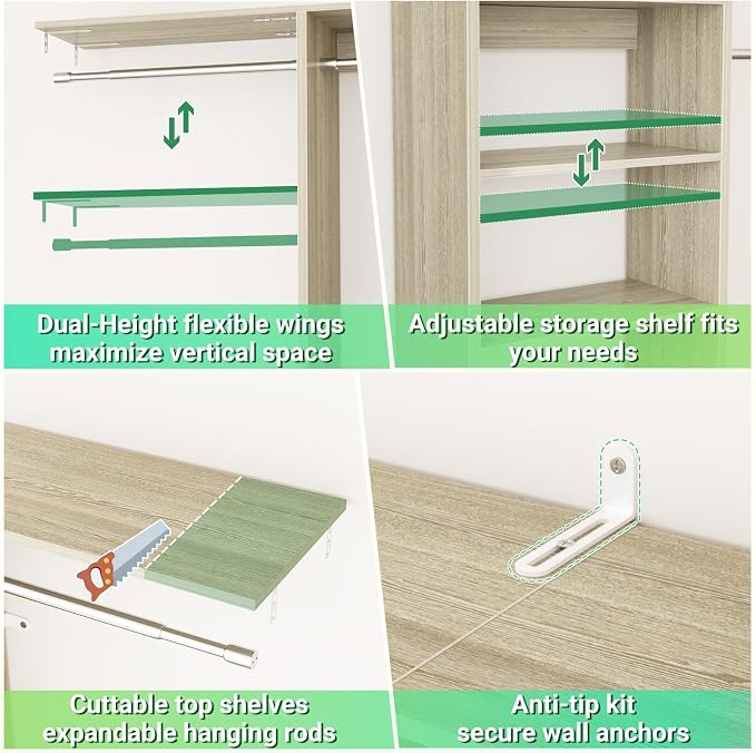 Besiost 4FT Small Closet Organizer System with 4 Hanging Rods & 3 Shelves | 48" Closet System for Small Closets, 80" H Small Closet Organizers and Storage for Bedrooms, Cloakrooms, White Oak - Image 5