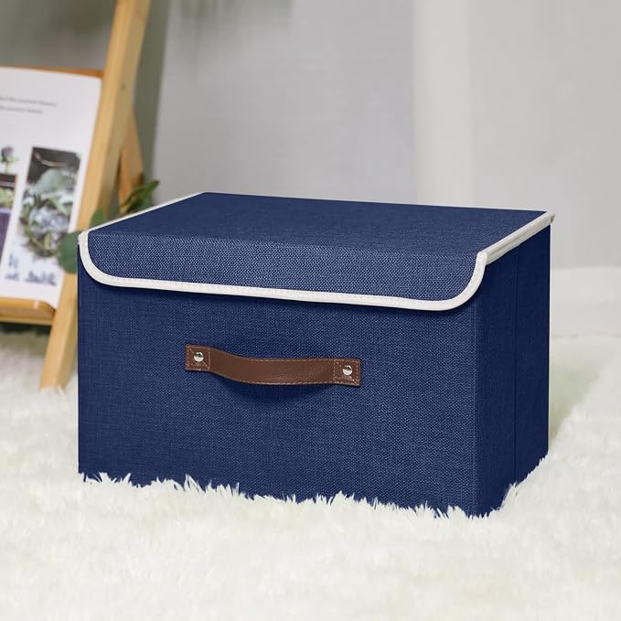 ANMINY Fabric Storage Box Bins with Lids, Blue, 15"x10"x10" | Keepsake Memory Storage, Cotton Linen, PP Board Reinforced, Washable, PU Handles, Foldable & Stackable, Decorative, Large - Image 6