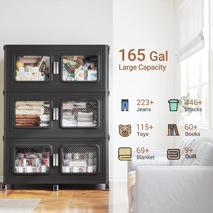 BROVIEW 660 Qt Extra Large Stackable Storage Bin with Lids, 3 Pack Black | 165Gal Extra Large, Collapsible Storage Boxes with 3 Lids, Folding& Rolling Plastic Drawer, Heavy-Duty Cabinet Organization - Image 7