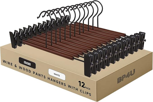 Wire Pants Hangers with Adjustable Clips, Black, 12-Pack | Wooden Skirt Hangers, Non-Slip Clamp Bottom, for Trousers, Jeans, Shorts & Clothing Organization by BP4U%E2%84%A2