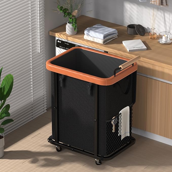 Laundry Hamper with Lid,Leather Patchwork Laundry Basket with Wheels 40Gal | Rolling Laundry Basket with Bag & Handles,Laundry Basket Organizer for Laundry Room,and Bathroom,Laundry Room - Black by ELOWEN