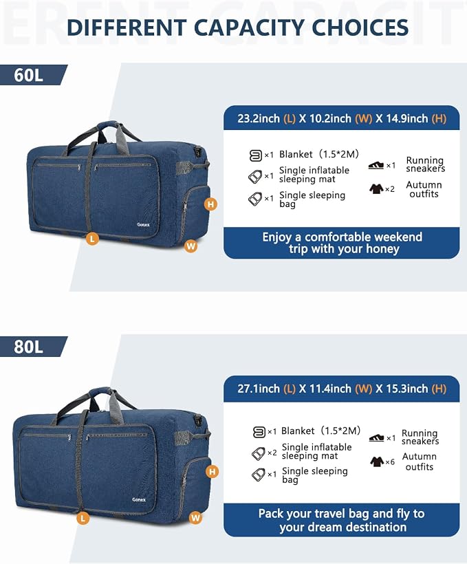 Gonex 60L Foldable Travel Duffle Bag with Shoe Compartment, Lightweight | 210D Nylon, Water-Repellent, Folds Compact, Multiple Pockets, Luggage Sleeve, Weekend Trips & Camping, Dark Blue - Image 2