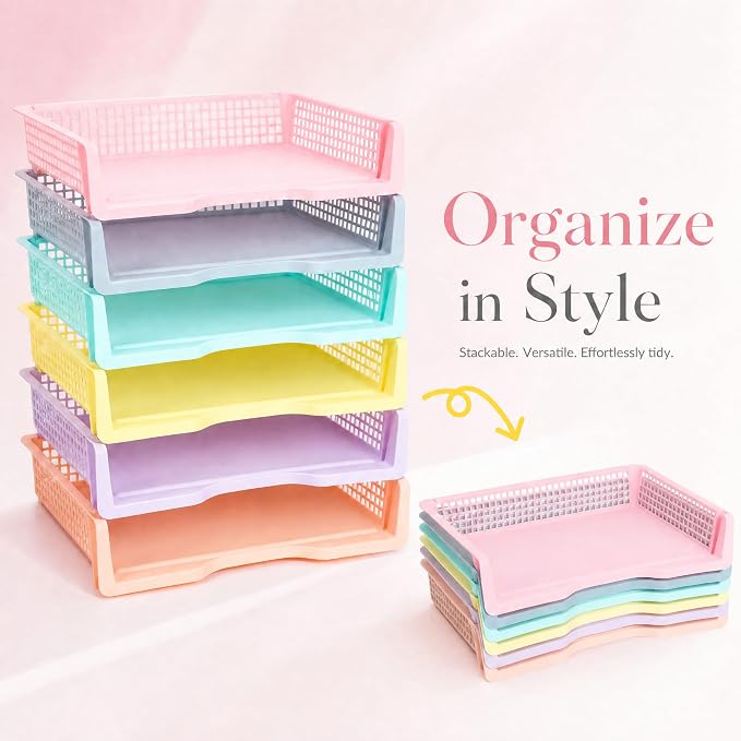 Tenceur 6 Pcs Turn in Trays Classroom, Pastel Stackable Paper Trays for Classroom Plastic Storage Baskets Teacher Organizers for Library Drawers Office Desk, 13.3 x 9.5 x 2.7 Inches - Image 5