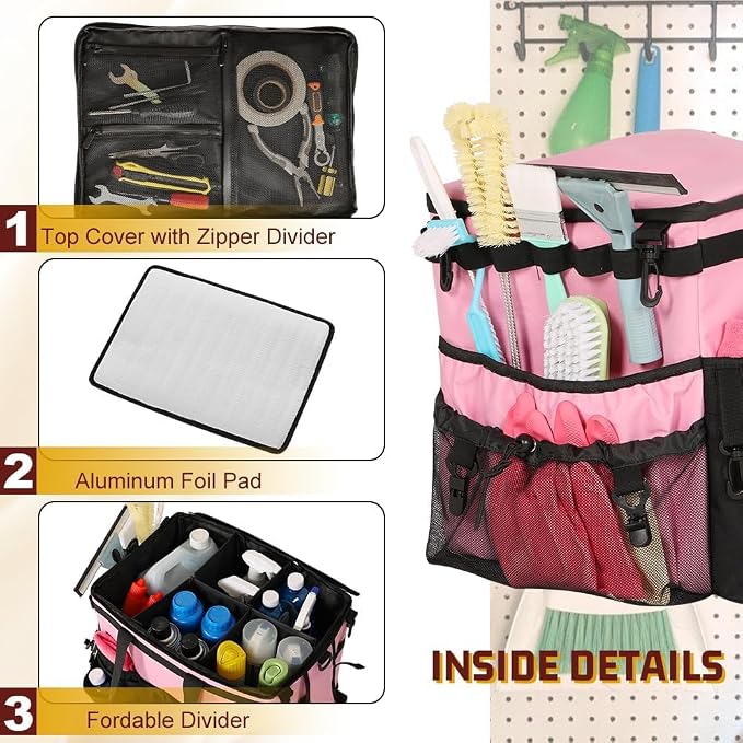Large Rolling Cleaning Caddy with Cleaning Caddy Apron, Pink | Cleaning Caddy Bag with Detachable Trolley, Handles and Shoulder Strap, Cleaning Supplies Organizer for Cleaners Housekeepers - Image 5