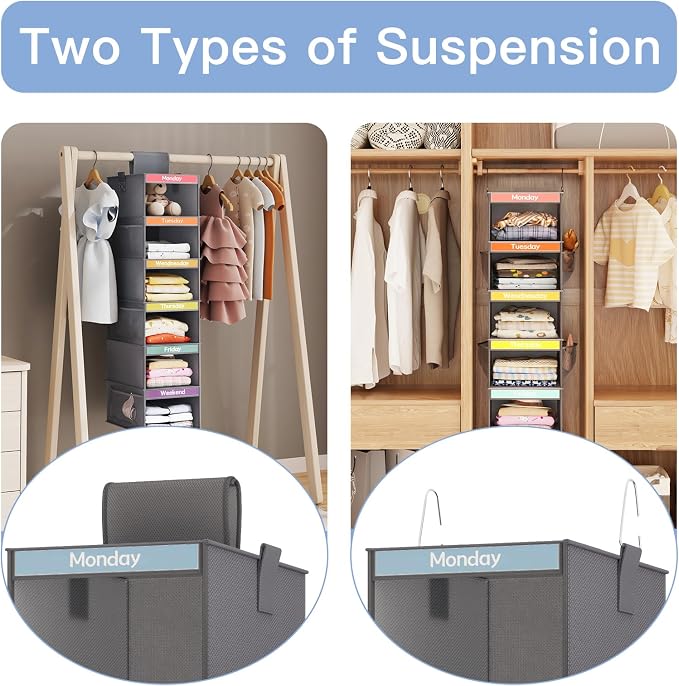 Fixwal Weekly Kids Clothes Organizer 2 Pack 6-Shelf Hanging Storage | Nonwoven Fabric, 6 Daily Shelves, 6 Mesh Side Pockets, 2 Metal Hooks, Foldable Design, for Kids Outfits and Accessories - Image 4