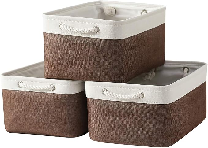 Large Storage Baskets for Shelves, Fabric Baskets for Organizing, Collapsible Storage Bins for Closet, Nursery, Clothes, Home & Office [3-Pack, White&Brown] by Sacyic