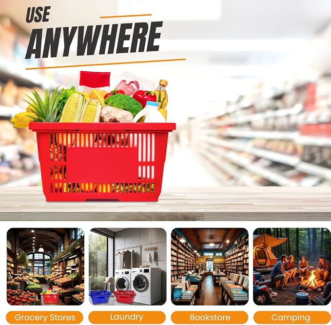 Stackable Plastic Shopping Baskets, Red and Blue, Easy-Grip Handles for Grocery, Retail, Liquor Stores, Home Use (4-pack, Red & Blue Assorted) - Image 6