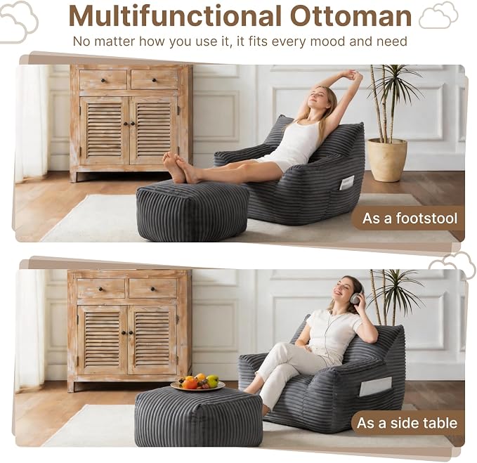Oversized Bean Bag Chair with Ottoman, Bean Bag Couch with 2 Side Pockets, Corduroy Boneless Couch Chair in a Box, Comfy Lounge Chair for Living Room, Bedroom, Dorm, Gray - Image 4