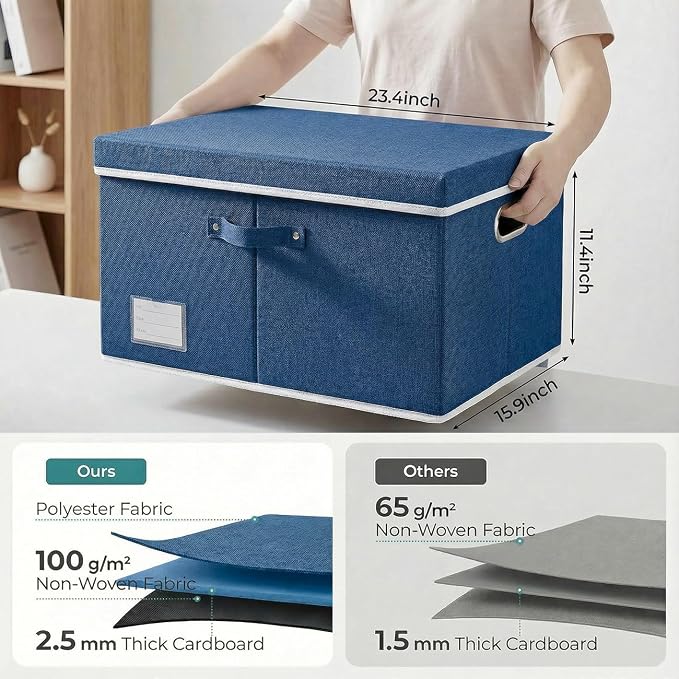 Storage Bins with Lids [3-Pack] Linen Fabric Foldable Storage Boxes Organizer Containers Baskets Cube with Cover for Bedroom Closet Office Royal Blue(23.4X15.9X11.4) - Image 3
