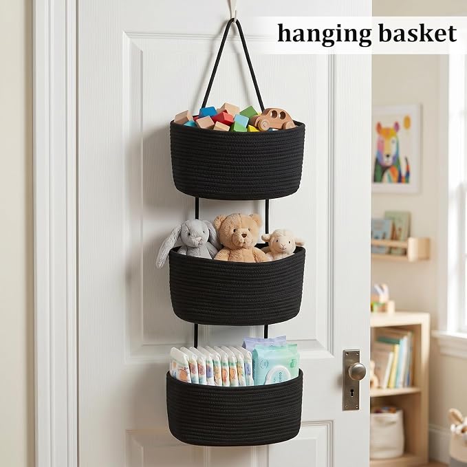 TeoKJ Over the Door Hanging Basket, 3-Tier Woven Cotton Wall-Mounted Storage Organizer Bag Decorative Hanging Nursery Baskets, Black - Image 4
