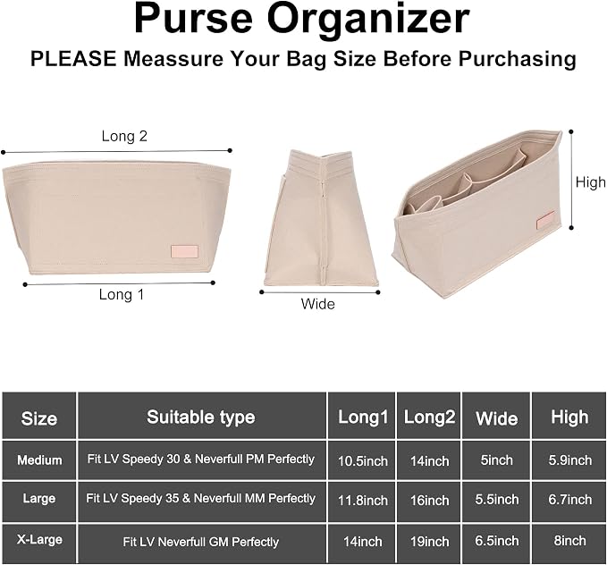 Purse Organizer Insert for Handbags & Base Shaper 2pc Set, Felt Neverfull PM Organizer Insert, Tote Bag Organizer with Zipper Pocket and Bottle Holder, Fit Neverfull PM and More, Beige-M - Image 3