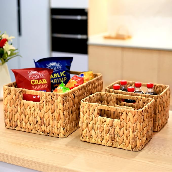 HOONEX Water Hyacinth Storage Baskets, Wicker Baskets for Storage, Hand Woven Baskets with Carry Handles, Set of 3, Natural - Image 2