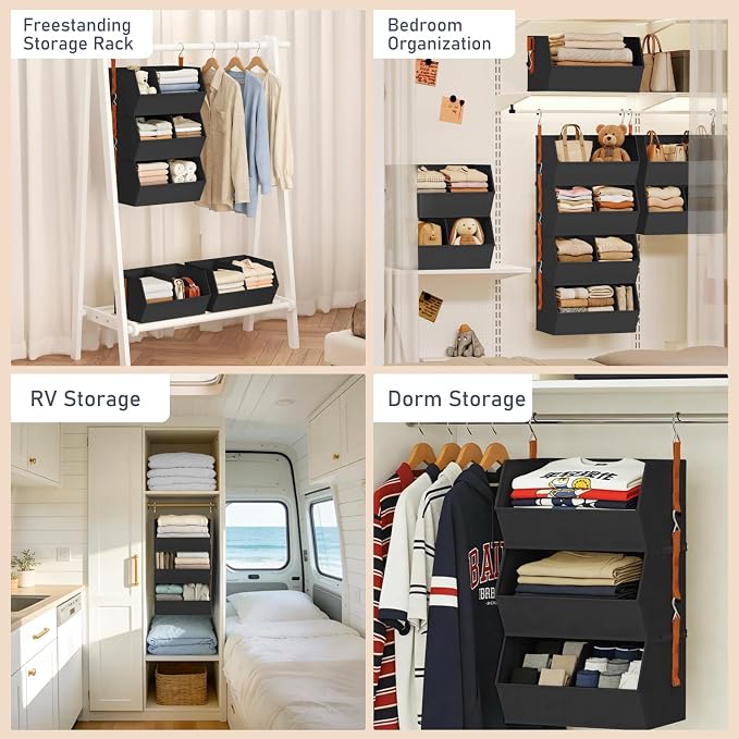 DIMJ Hanging Closet Organizer Extra Large, Clothes Hanging Shelves for Closet with Divider, Collapsible Closet Storage System, Fabric Storage Bins for Home, Black, 15.75 × 12.20 × 9.44, 3 Pack - Image 7