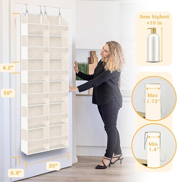 Over the Door Organizer 6 Tiers, Extra Large Behind Door Storage of 12 Compartments,80 lbs Weight Capacity Hanging Storage Organizer with Clear Window Kids Toys, Shoes, Diapers,Beige - Image 3