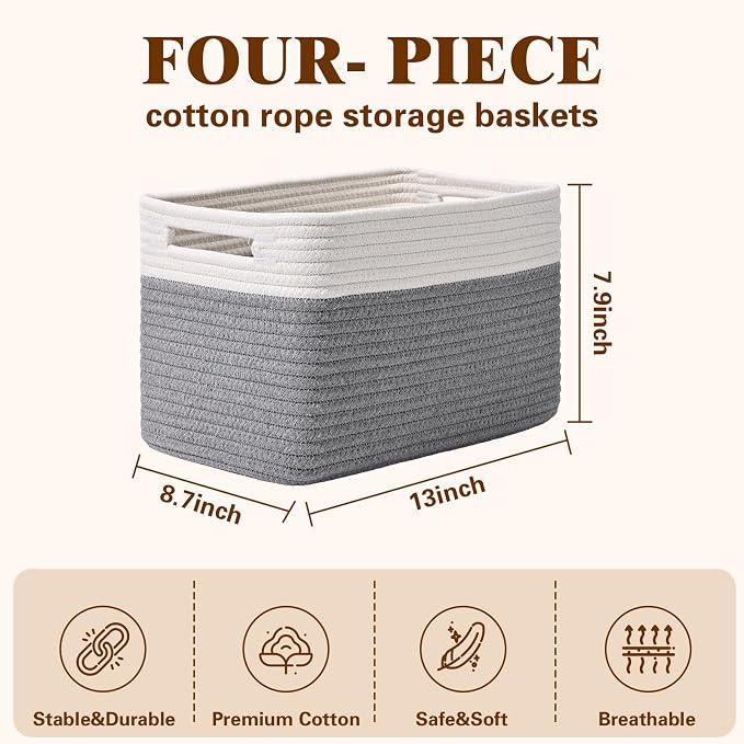 Storage Baskets for Organizing, 4 Pack Baskets for Shelves, Decorative Storage Bins for Shelves, Cotton Rope Storage Basket with Handles, Woven Basket for Storage, 13''Lx8.7''Wx7.9''H, White & Gray - Image 3