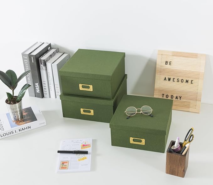 Soul & Lane - Green Decorative Memory Storage Boxes with Lids, Set of 3 | Square Stacking Kraft Photo Storage with Gold Label Holders, Large Nesting Cardboard Boxes for Office, Crafts and Paper - Image 5