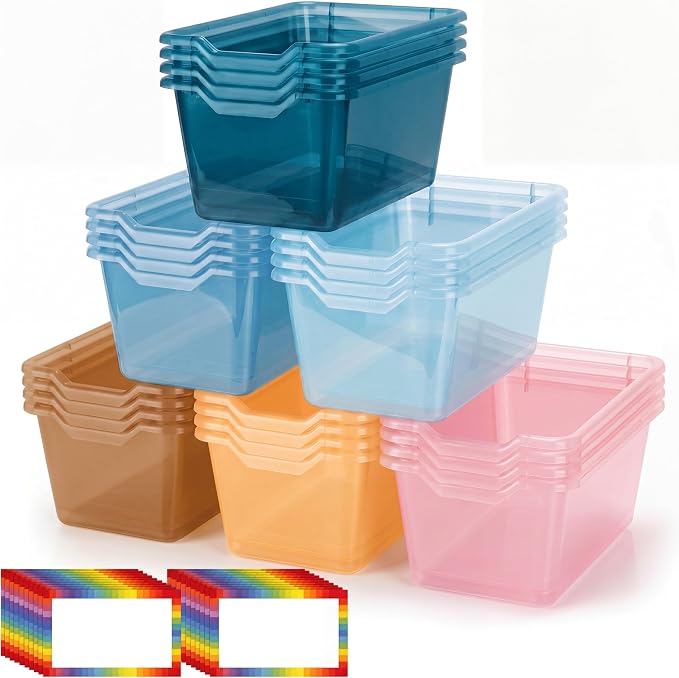 Funrous 24 Pack Plastic Cubby Bins for Classroom, Stackable Storage Bins with Rainbow Labels and Handles Cubby Organizer Containers for Teacher Supplies Home Office Daycare and Playroom (Blue) by Funrous
