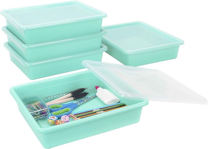 Storex Letter Size Flat Storage Tray – Organizer Bin with Non-Snap Lid for Classroom, Office and Home, Teal, 5-Pack (62541A05C) by Storex