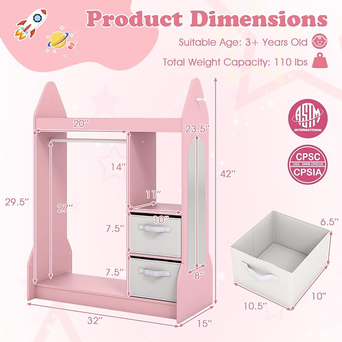 Costzon Kids Dress Up Storage with Mirror, Clothes Rack, Shelves, 2 Fabric Storage Bins, Pretend Play Costume Organizer, Open Hanging Wardrobe Closet Armoire Dresser for Bedroom Playroom - Image 6