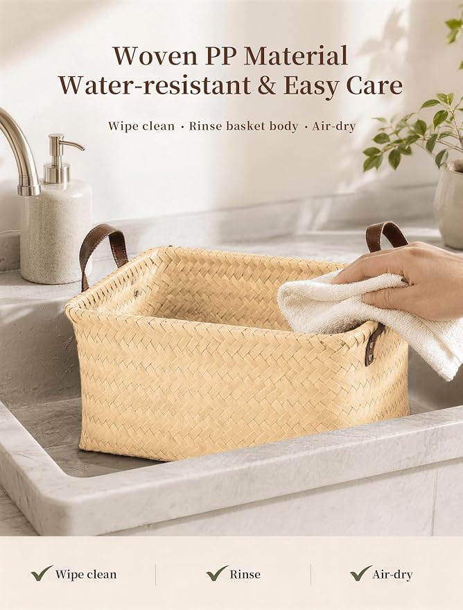 Wicker Storage Baskets, 4 Pack Woven Baskets for Shelves, Yellow | PP Rattan, Water-resistant Wicker Basket, Large Baskets with Faux Leather Handles for Blanket, Laundry Organizer, Room Decor - Image 7