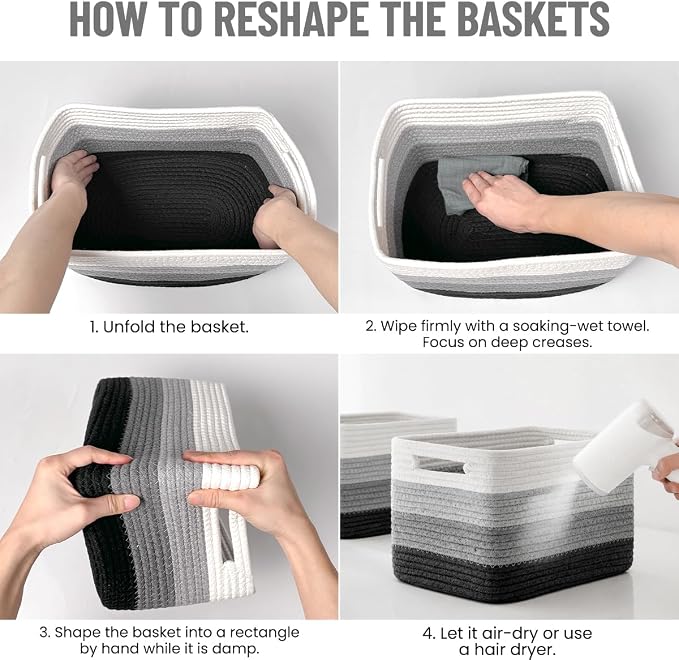 5 Pack Woven Storage Baskets, Decorative Storage Bins for Organizing | 13.8'' × 9.8'' × 7.9'', Cotton Rope Basket Organizer for Closet, Shelves, bathroom, Toys, Books, Pantry, Black/White Ombre - Image 6