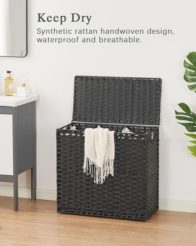 SETVSON Laundry Hamper with Lid Laundry Basket 35 Gal PE Rattan, Black | Large Family Clothes Sorter Trunk with Lid, 4 Compartment Washable Liners, 6 Mesh Bags, Collapsible Steel Frame - Image 2