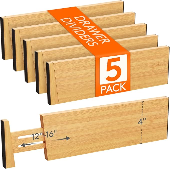 Lifewit 4" High Dresser Drawer Dividers, Adjustable Bamboo Drawer Organizer | 5 Pack 12"-16" Expandable Drawer Separator for Clothes, Utensils, Kitchen, Cabinet, Closet, Nursery Organization & Storage by Lifewit