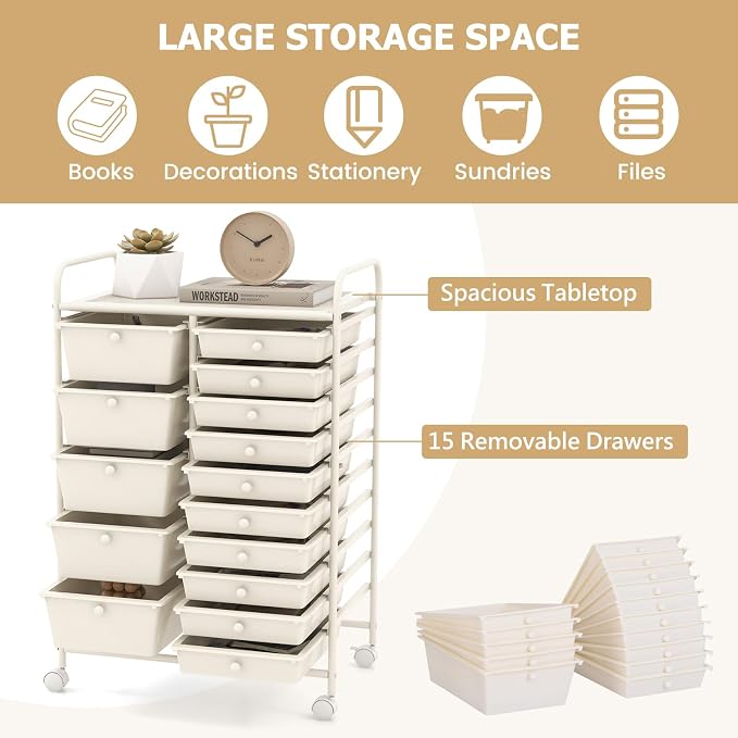 RELAX4LIFE 15-Drawer Storage Drawer Carts - Mobile Rolling Utility Cart w/Wheels, Craft Organizer for Classroom Organization and Storage, School, Office, Home, Storage Organizer Cart (White) - Image 4