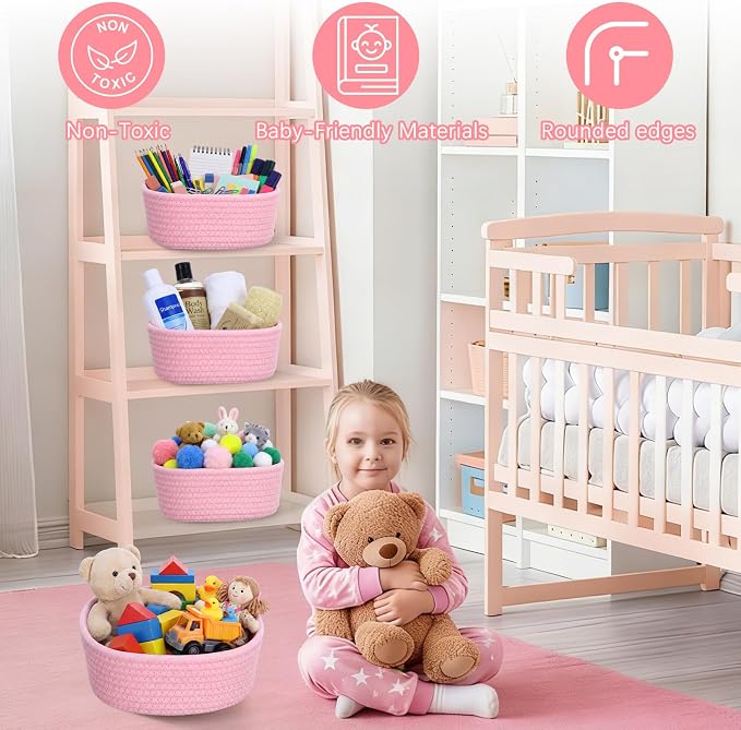 12 Pack Small Storage Basket Cute Natural Cotton Rope Woven Basket Tiny Boho Decorative Toy Storage Bin Gift Baskets for Home Organizing, Closet, Shelf, Nursery, Bathroom(Round,Pink) - Image 5