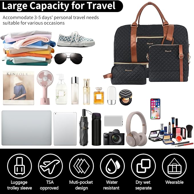 3PCS Weekender Bags for Women Large Overnight Bag, Black | Weekender Travel Duffel Bags Carry on Shoulder with Shoe Compartment Toiletry Bag Satchel Bag for Travelling Business Gym - Image 7