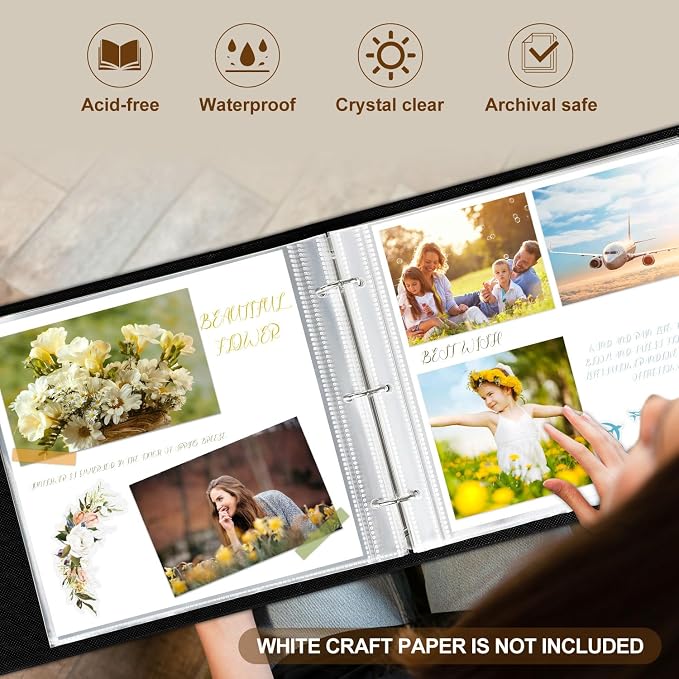 Lanpn 10x10 inch Scrapbook Photo Album, Linen Cover Archival Acid Free Top Load 3 Ring Folder Binder Photo Book 10 x 10 with 30 Plastic Sleeves 60 Pages (Black) - Image 5