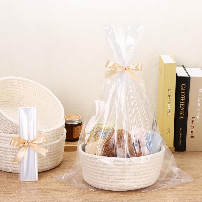 4 Pack Small Woven Storage Baskets with Gift Bag and Ribbon for Organizing Woven Natural Cotton Rope Bin Round Boho Empty Decorative Gift Chest Basket Box for Bathroom, Closet, Shelf Organizer (White) - Image 6