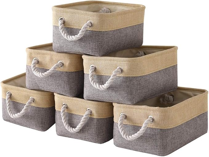 Storage Baskets for Organizing - 11.8x7.8x5.2 inch Small 6 Pack Storage Bins for Shelve, Farbic Storage cubes Organizer for Baby Toys Nursery (Gold & Grey) by TheWarmHome