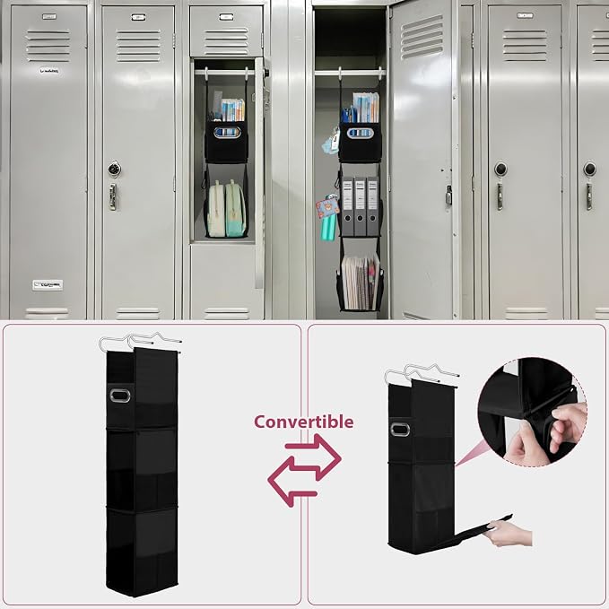 3 Shelf Hanging Locker Organizer with Side Pockets, Dark Black | Durable Oxford Fabric, Deep Shelves 9 in x 7 in, Adjustable Locker Shelf from 3 to 2 Shelves for School Locker, Gym, Closet - Image 6