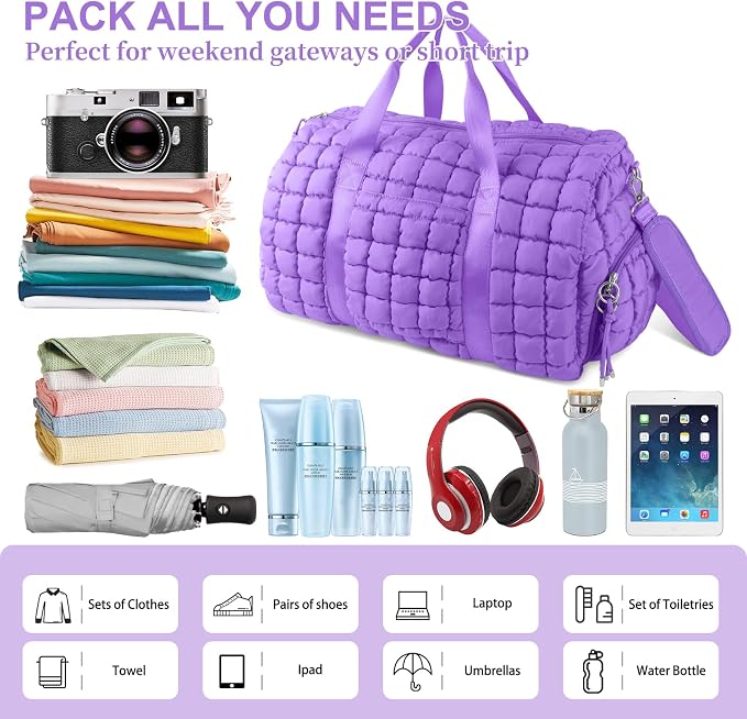 Quilted Travel Duffle Bag Gym Bag for Women,Large Puffer Duffle Weekender Bag with Compartment,Workout Overnight Carry on Organizer Bag Duffle Bag for Airplane Travel(L-Purple) - Image 3