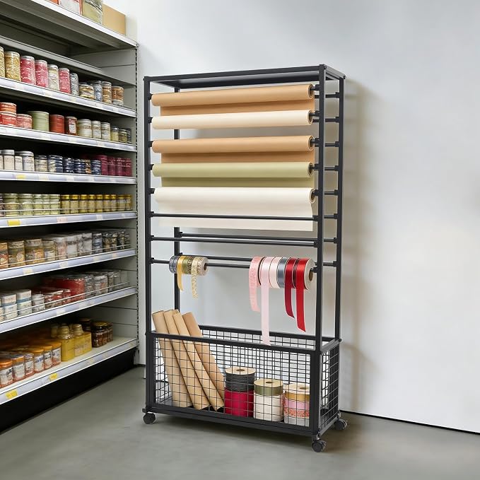 Ribbon Holder Ribbon Organizer Rack, 16-Layer Double-Sided Wrapping Paper Rack, Large Capacity Ion Rolling Ribbon Storage Rack with Top Shelf and Bottom Basket for Flower Shop, Craft Room, H: 60Inch - Image 6