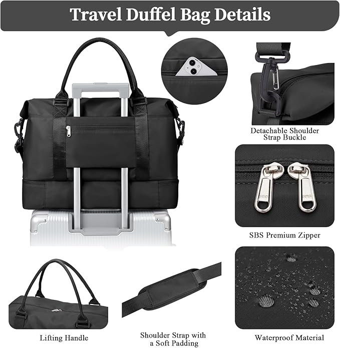 Weekender Bags for Women,Personal Item Travel Bag with Shoes Compartment | Overnight Travel Duffel Bag with Grid Travel Set,Carry-On Bag,3 Pcs Set,Large - Image 6