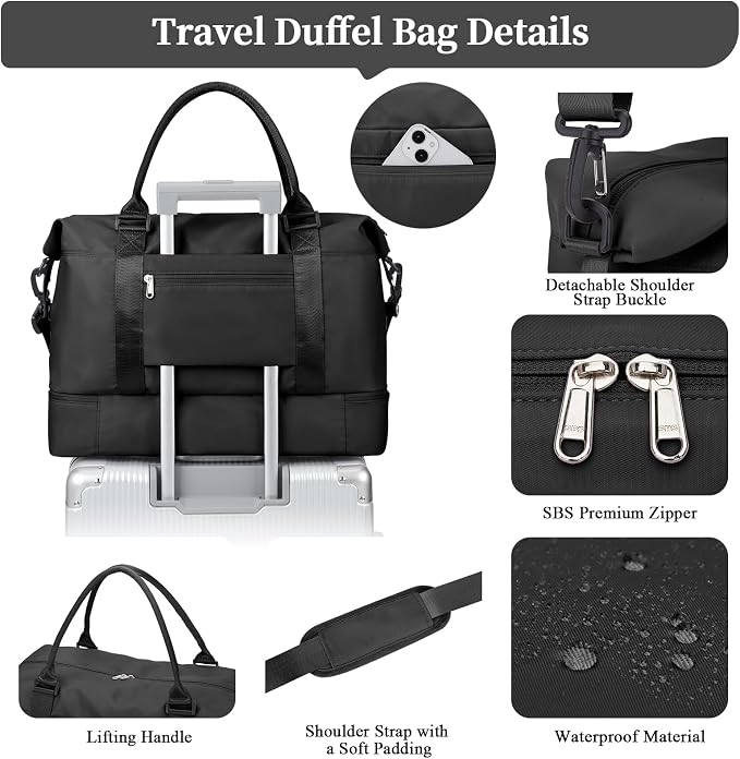 Weekender Bags for Women,Personal Item Travel Bag with Shoes Compartment | Overnight Travel Duffel Bag with Grid Travel Set,Carry-On Bag,3 Pcs Set,Extra Large - Image 7