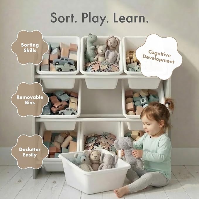 Humble Crew Kids Toy Organizer with 9 Bins, 3 Tier Storage for Playroom | Sturdy wood and steel toddler shelf, removable BPA-free containers, wall anchor anti-tip safety kit for bedroom or classroom - Image 7